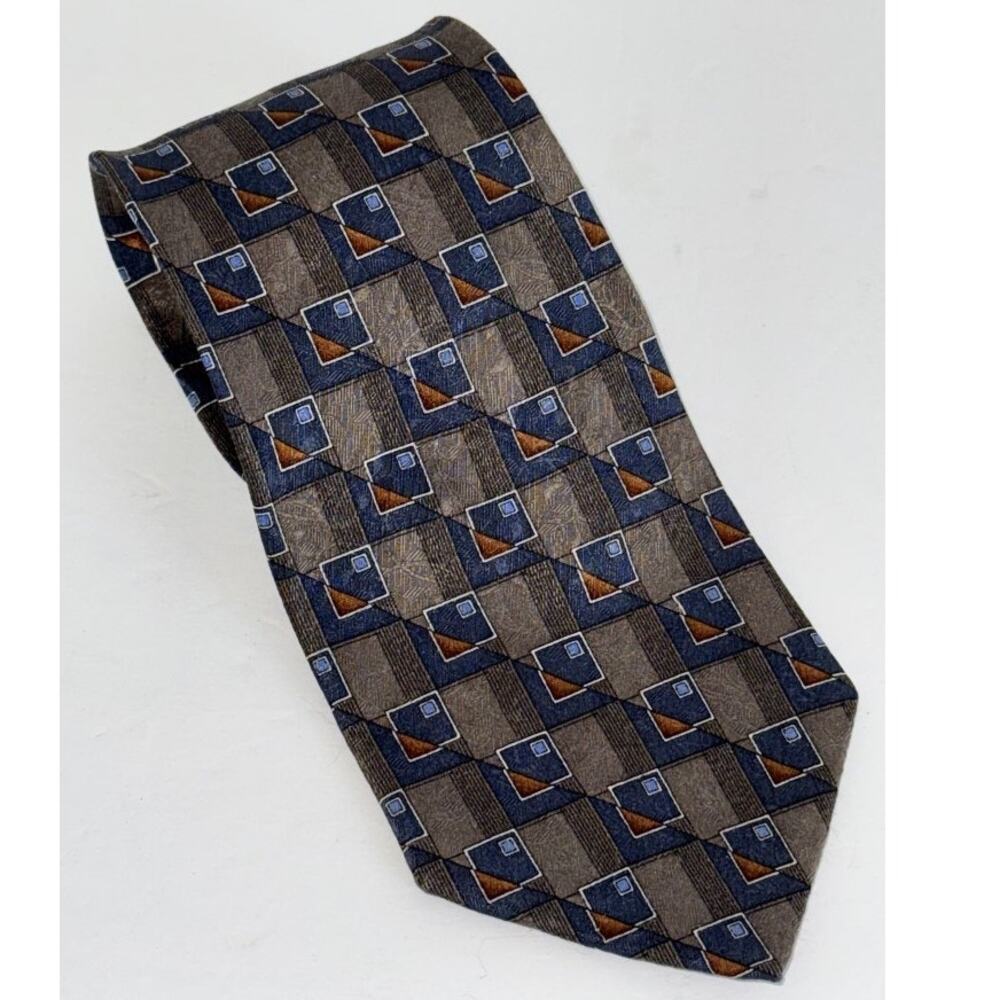 Zanzara Men's Necktie 100% Silk Allover Square Geometric Print Brown Blue Retro